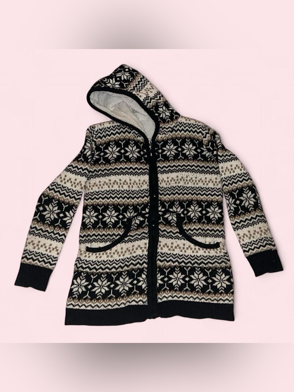 Black & Cream Hooded Nordic Knit Coat